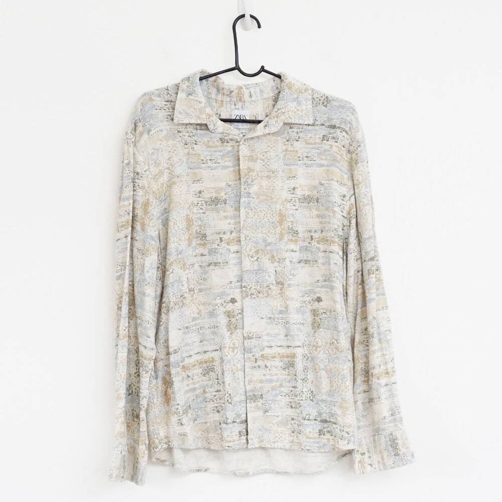 Zara Man Tank Print Relax Fit Button Down Long Sleeve Shirt XL
